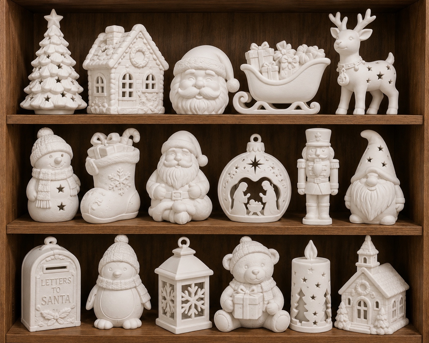 Christmas ceramic bisque pieces at Le Dream Paint Studio